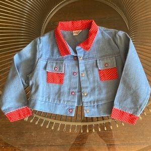 Vintage cropped denim jacket by Yardbritches red polkadot trim 70s 80s